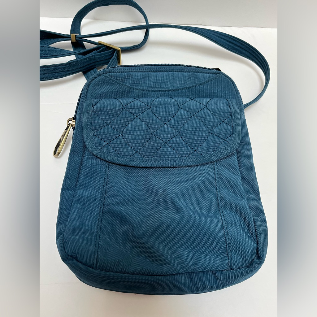 Travelon Anti-Theft Quilted Signature Slim Pouch Crossbody Bag Blue Purse
